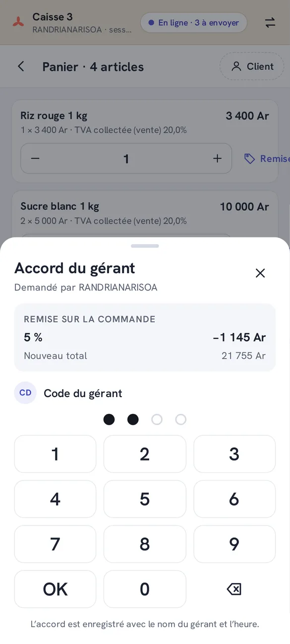 The manager types their code to approve a discount