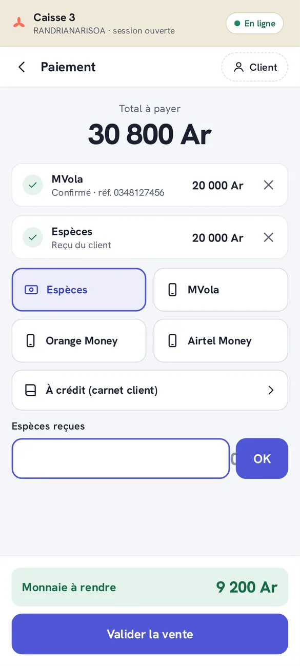 Payment split between MVola and cash, with the change to give back