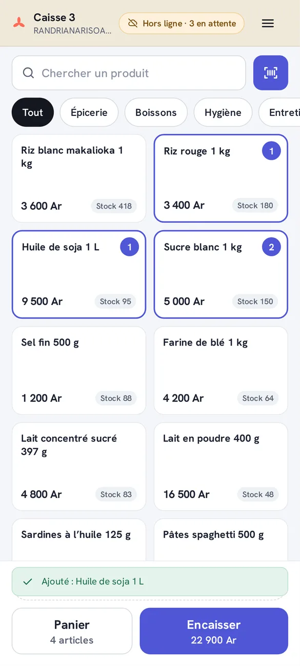 Selling screen of a grocery with rice, oil and sugar, offline with 3 sales waiting