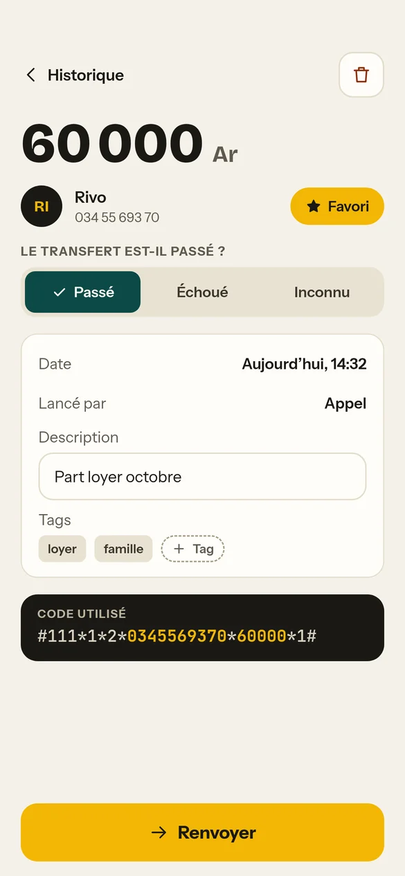 Détail d’un transfert marqué comme passé