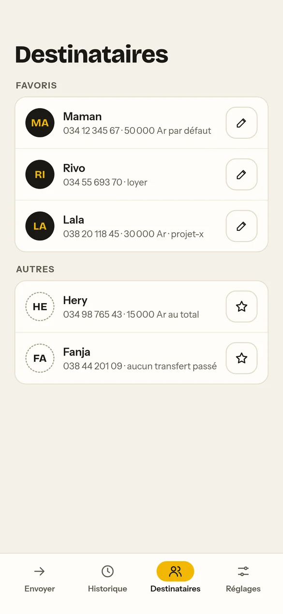Liste des destinataires favoris avec leurs montants par défaut