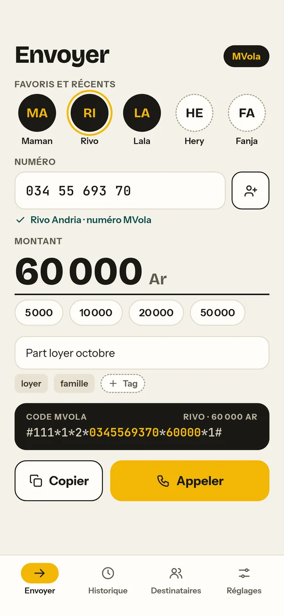 Écran Envoyer avec les favoris, un numéro, 60 000 Ar et le code MVola prêt à appeler