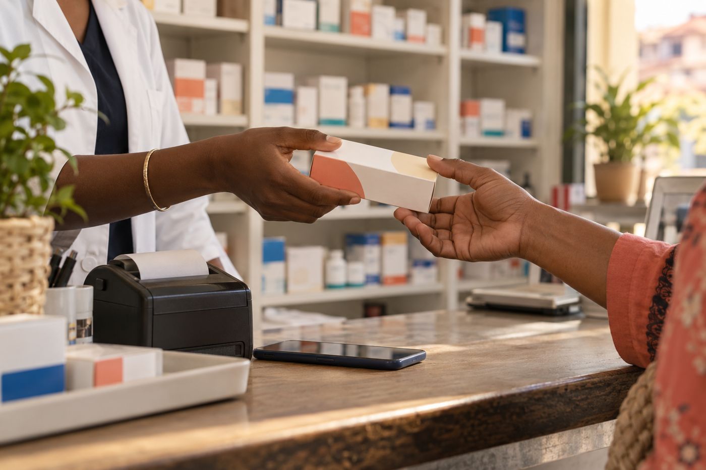 A pharmacist hands a box of medicine to a customer