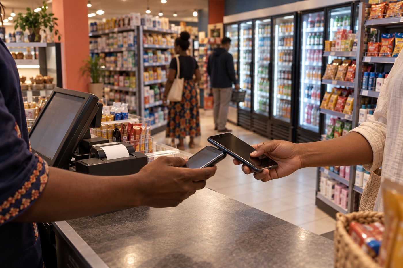 Une cliente paie avec son téléphone à la caisse d’une supérette